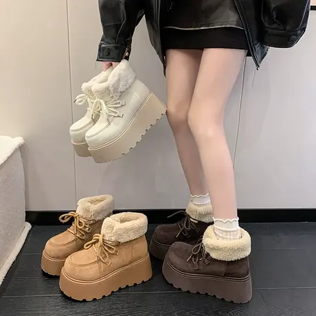 厚底增高雪地靴女2025秋季新款气质加绒保暖短靴系带小个子棉靴子商品大图