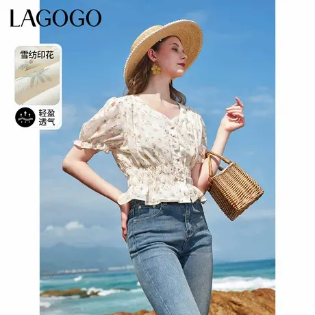 LAGOGO法式碎花V领衬衫女拉谷谷夏季新款收腰短袖上衣修身雪纺衫商品大图