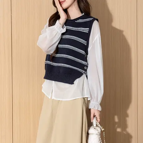 唐狮秋冬毛衣女简约条纹设计圆领套头女马甲外穿高级感背心TM图片