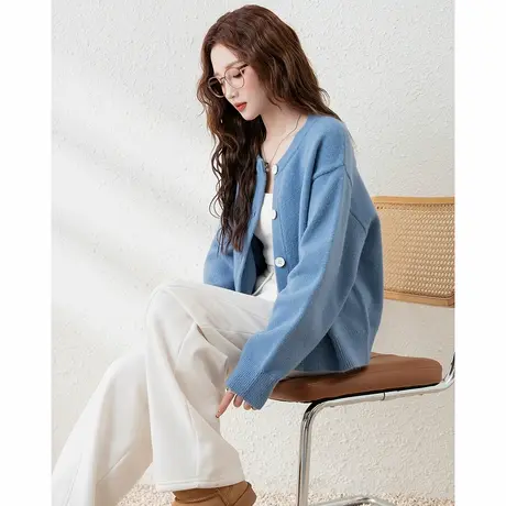 唐狮新款女毛衣开衫针织外套净色简约女士厚蓝色毛衣外套潮TE图片