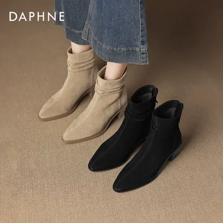 达芙妮高跟短靴女2026新款冬季粗跟尖头瘦瘦靴法式堆堆绒面马丁靴商品大图