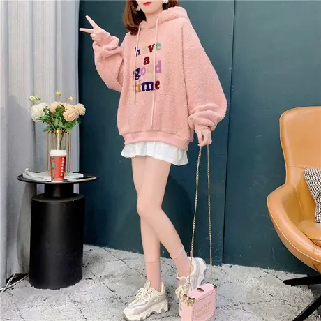 假两件连帽羊羔毛卫衣女秋冬2021年新款加绒加厚慵懒风上衣ins潮商品大图