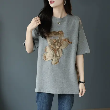 宝诗黎2023圆领落肩刺绣钉珠短袖T恤女新款内搭时尚百搭棉质上衣图片