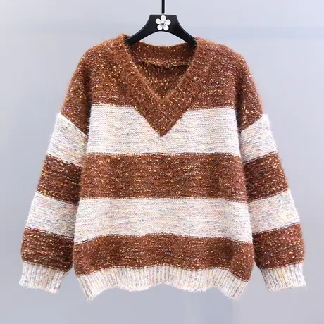 撞色V领条纹毛衣女秋冬2023新款宽松慵懒风外穿高级感针织衫上衣图片
