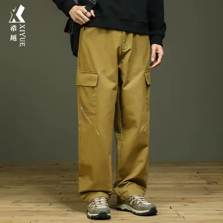 希越直筒休闲裤子男款宽松大码多口袋纯棉工装裤秋冬款卡其色长裤商品大图