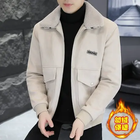 冬季加绒带毛领男士夹克韩版潮流帅气加厚鹿皮绒休闲男装外套袄子商品大图