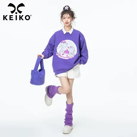 洋气时尚印花紫色卫衣女秋季新款韩版精梳棉复合宽松圆领长袖上衣商品大图