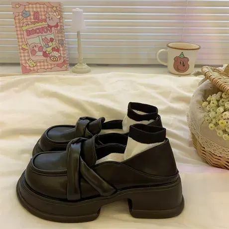 黑色春夏季两穿小皮鞋女英伦风2023新款复古厚底增高一脚蹬乐福鞋商品大图