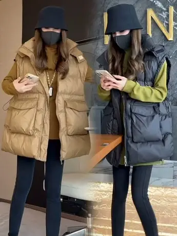 欧洲站羽绒棉马甲女秋冬韩版宽松百搭中长款网红背心坎肩连帽马夹商品大图