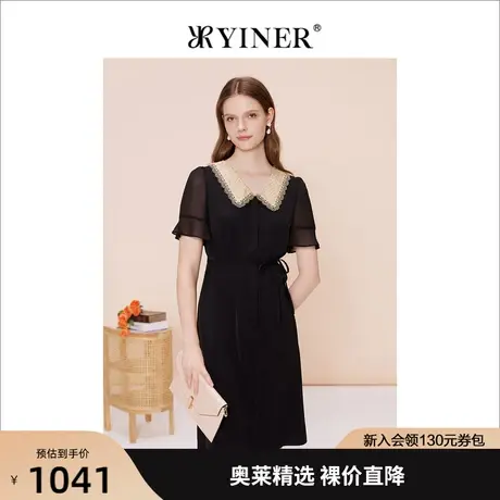 YINER音儿女装2023夏季新款蕾丝拼接翻领收腰修身连衣裙图片
