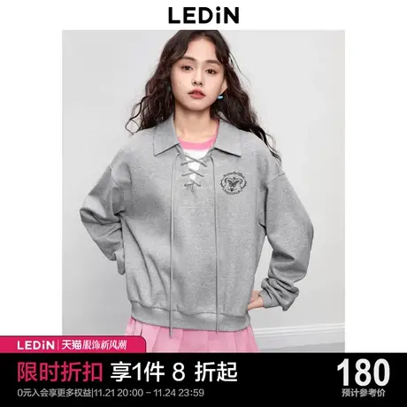 乐町休闲V领设计上衣宽松版型套头衫2023年秋季新款绑带翻领卫衣图片