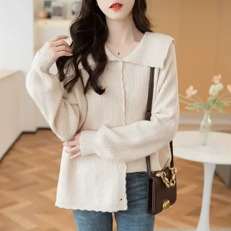 23083新款韩版宽松长袖翻领纯色毛衣纽扣针织衫上衣外套开衫女商品大图