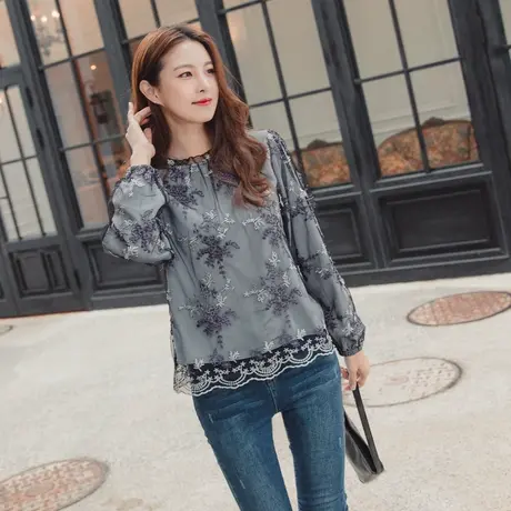 桔熊秋季气质浪漫网纱刺绣花荷叶领长袖上衣女胖妹妹大码AB11750商品大图