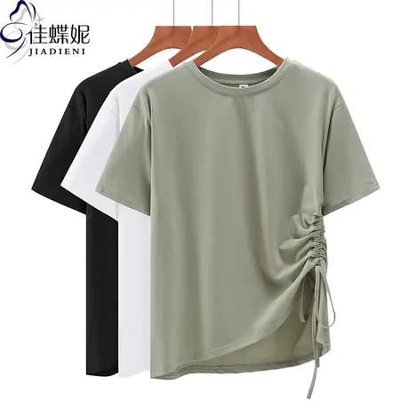 夏季新款韩版圆领宽松抽绳短袖T恤大码简约气质纯棉百搭上衣女装商品大图