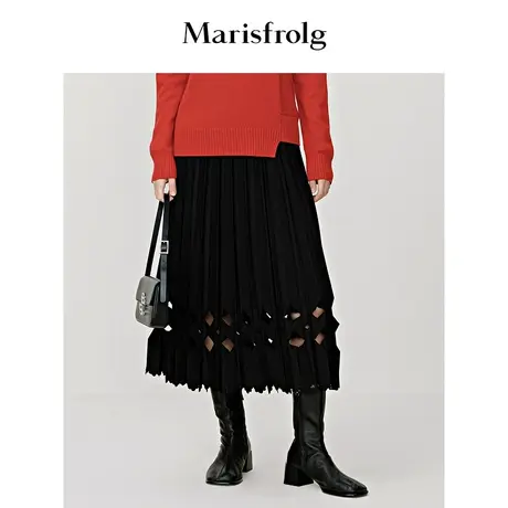 【天然亲肤系列】玛丝菲尔冬季黑色镂空风琴褶A字羊毛半裙图片