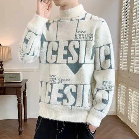 软糯毛衣男士秋冬季加厚水貂绒半高领打底针织衫男装保暖学生上衣商品大图