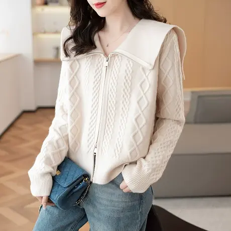 2023秋冬新款韩版宽松纯色翻领双拉链针织衫毛衣外套上衣女士开衫商品大图