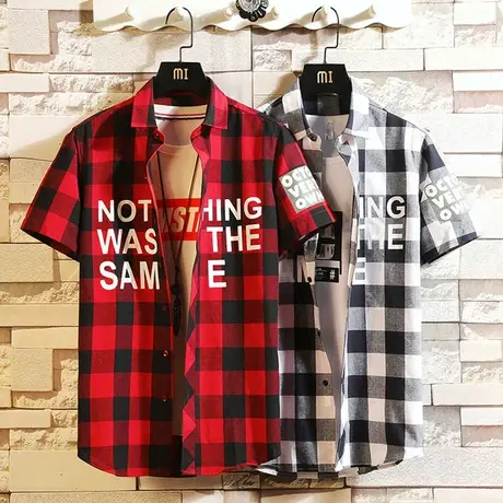 夏季工装短袖衬衫男士中袖衬衣5分五分袖学生潮流ins格子百搭外套图片