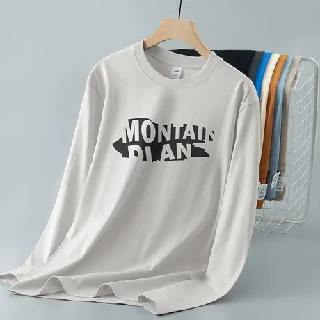 重磅纯棉长袖t恤男装2024新款圆领上衣服内搭打底衫美式全棉体恤图片