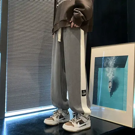 撞色拼接裤子男春秋款美式宽松休闲裤ins潮流垂坠感束脚运动长裤商品大图