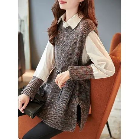 宝诗黎腰带针织背心拼接衬衣两件套装女时尚设计感春季2024新款商品大图