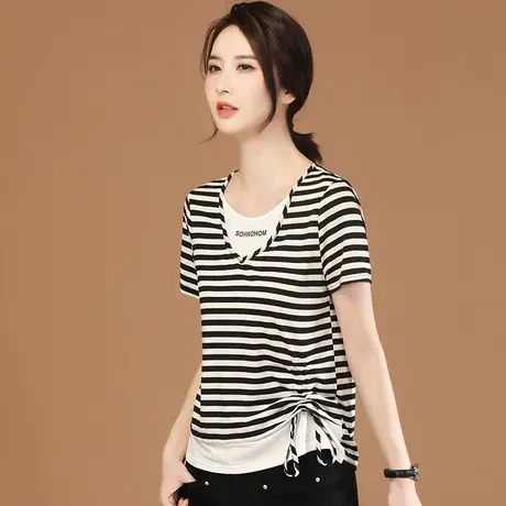 韩潮袭人假两件条纹短袖T恤女2024夏季新款休闲体恤衫宽松上衣薄图片