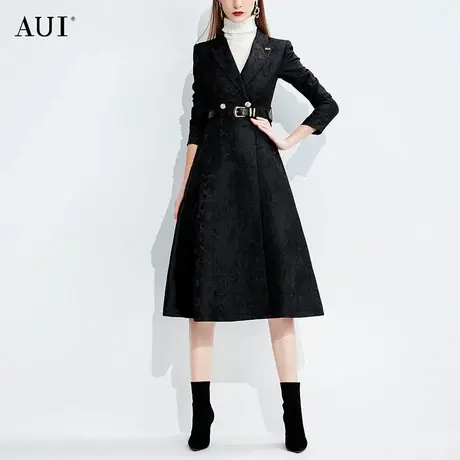 AUI欧美风黑色中长款风衣外套女2023春秋新款高级感高端西装大衣图片