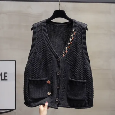v领针织开衫马甲背心女2025春秋新款宽松外穿马夹手工花毛衣坎肩商品大图