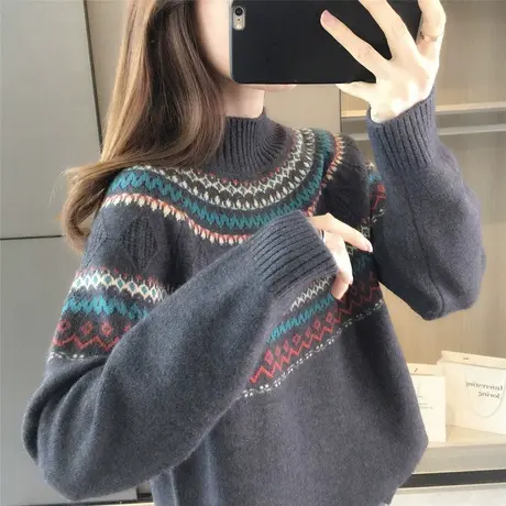 半高领毛衣女秋冬加厚打底衫韩版宽松上衣外穿套头港味复古针织衫商品大图