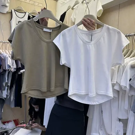 2023韩国东大门春夏夏装新款韩版宽松u领纯色通勤显瘦百搭短袖T恤商品大图