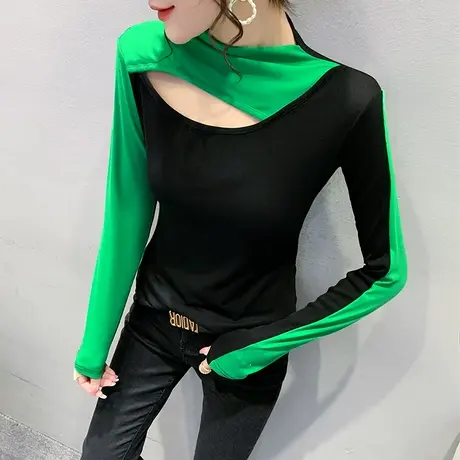 欧货性感镂空打底衫女春秋2024新款洋气撞色上衣潮设计感T恤长袖商品大图