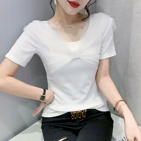 女装2024新款气质网红T恤短袖设计感蝴蝶结上衣网纱拼接半袖小衫商品大图