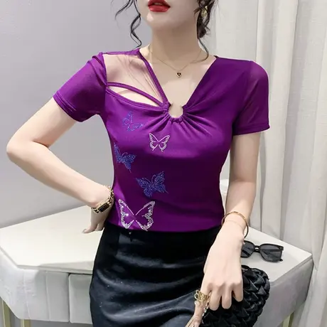 性感镂空短袖T恤女夏季气质修身V领网纱小衫重工烫钻设计感上衣潮商品大图