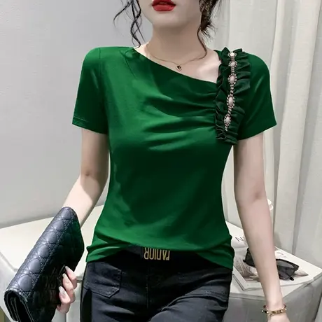 欧货木耳边短袖T恤女2024夏季新款性感斜领上衣设计感时尚小衫潮商品大图