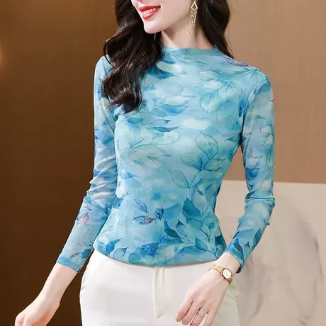 2024秋装新款气质减龄雪纺衫女长袖时尚别致半高领上衣年轻妈妈装商品大图