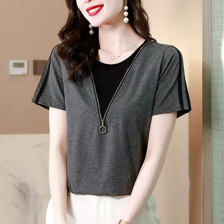 别致时尚气质短袖t恤女夏季2023新款假两件胖mm遮肚港风chic上衣图片