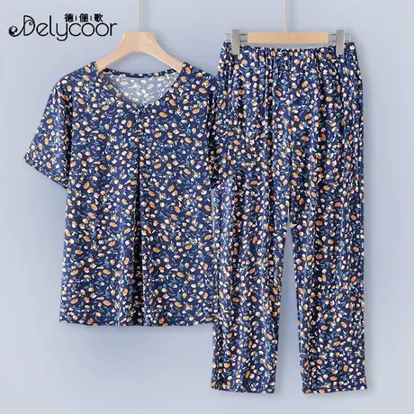 圆领冰丝妈妈夏装老人奶奶短袖T恤休闲上衣中老年人碎花弹力套装商品大图