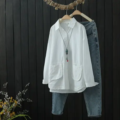 白色纯棉衬衫女设计感小众2022年春装新品宽松双口袋上衣长袖外套图片
