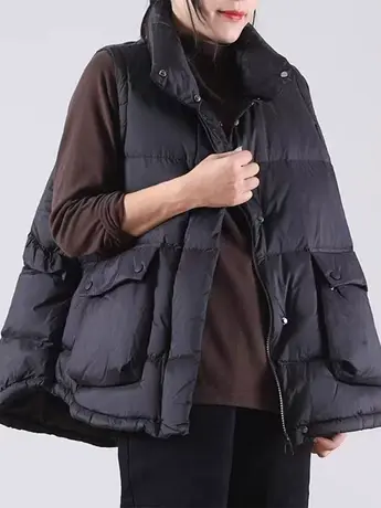 2023冬装新款宽松大码复古文艺马夹立领大口袋木耳边短外套马甲女商品大图