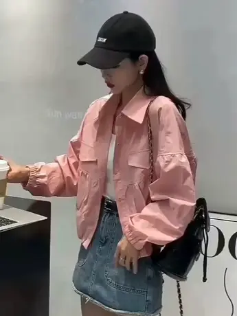 2023春季衬衫外套女小个子薄款宽松外搭开衫设计感Polo领长袖衬衣图片