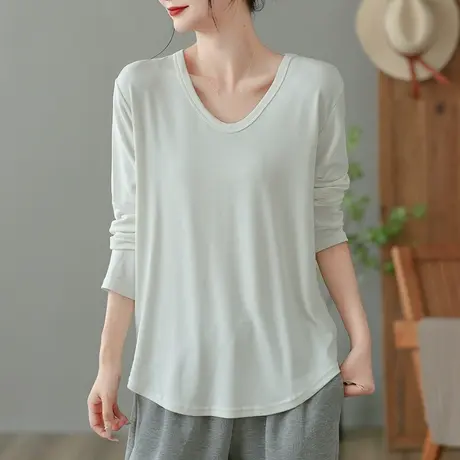 dza复古白色长袖宽松t恤女士春秋圆领内搭打底衫休闲薄款显瘦上衣商品大图