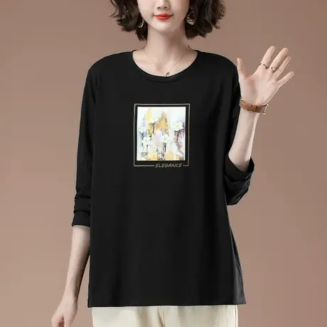 秋装长袖t恤女加肥加大码女装宽松妈妈印花遮肚子圆领显瘦打底衫商品大图