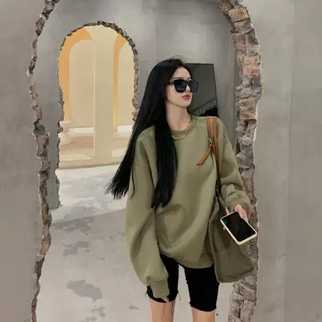 卫衣女春秋2024新款慵懒欧美风长袖宽松绿色圆领小个子外套上衣潮商品大图