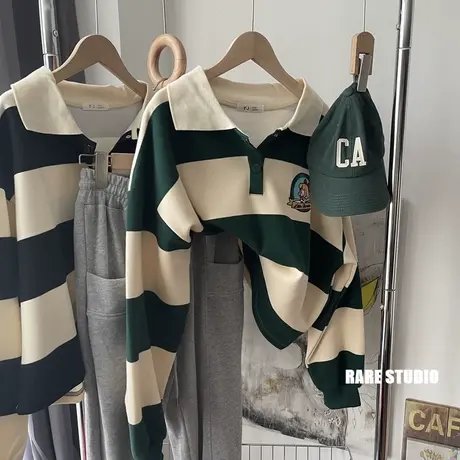 秋冬新款翻领POLO衫条纹学院风小刺绣休闲宽松洋气百搭套头卫衣女商品大图