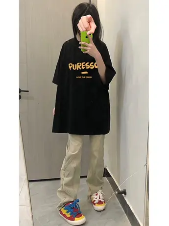 黑色潮牌纯棉短袖t恤女2023新款夏季宽松美式复古上衣设计感小众商品大图