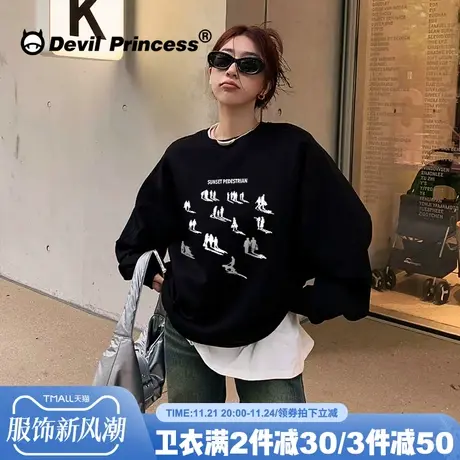 高级感ins潮牌黑色卫衣女宽松小众设计感超火百搭街头无帽上衣秋商品大图