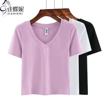 夏季新款韩版V领短款纯欲性感纯白修身短袖体恤上衣内搭女打底衫商品大图
