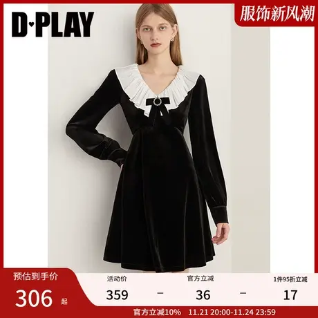 DPLAY新法式垂坠感蝴蝶结丝绒裙小黑裙小礼服黑色丝绒连衣裙图片