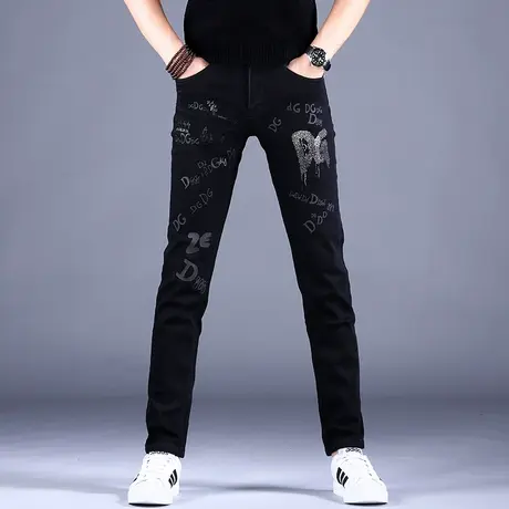 男士黑色印花牛仔裤男秋冬2023新款轻奢高端潮牌休闲裤子修身小脚商品大图