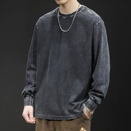 美式复古水洗长袖t恤男2024新款潮牌大码内搭男士白色打底衫春秋图片